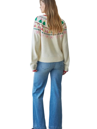 Knit Christmas Jacquard Detail Long Sleeve Pullover - Cream Red
