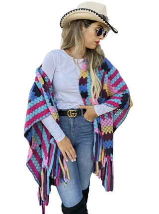Geometric 3d Fringe Ruana Cardigan - Multi-Colored