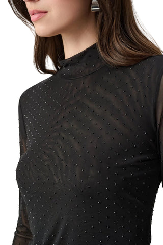 Rhinestone Mesh Long Sleeve Top - Black