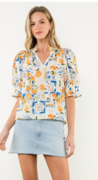Lace Trim Puff Sleeve V-Neck Top-Cream