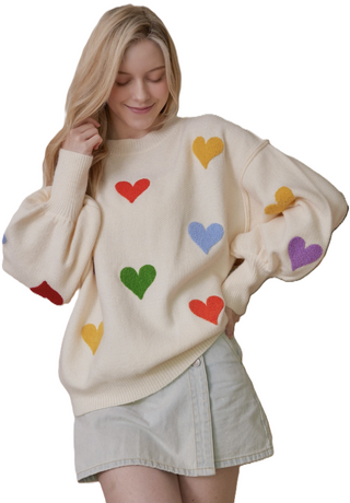 Heart Shaped Patterns Front Round Neck Sweater